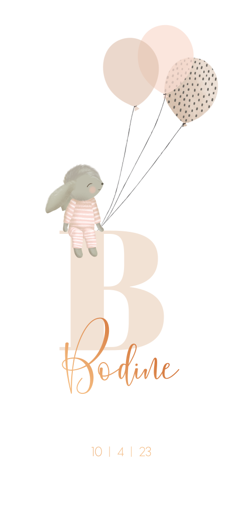 Folie geboortekaartje voor een meisje met konijntje en ballonnen