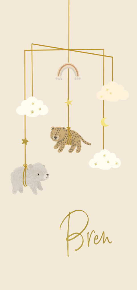 Geboortekaartje jongen met goudfolie mobiel met beertje en luipaard