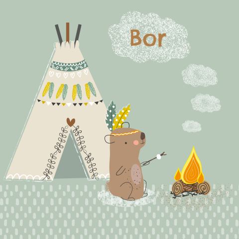 Stoer geboortekaartje voor een jongen stoer met beer indiaan voor tipi