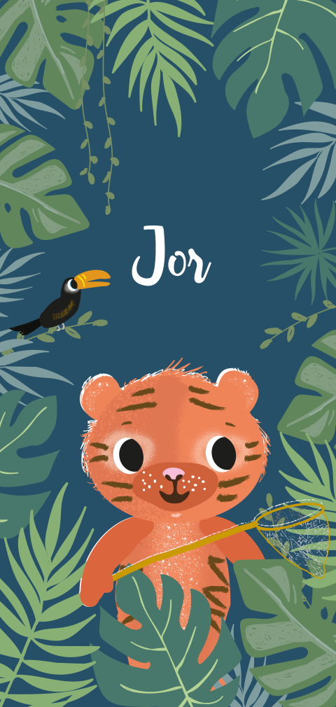 stoer geboortekaartje voor een jongen met tijgertje in de jungle