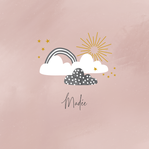 geboortekaartje voor een meisje met wolkjes regenboog en zon