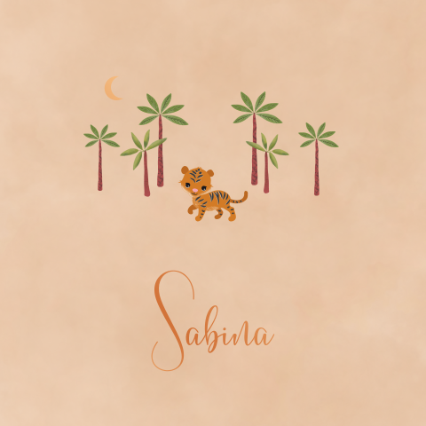 geboortekaartje voor een meisje met palmbomen en tijgertje koperfolie