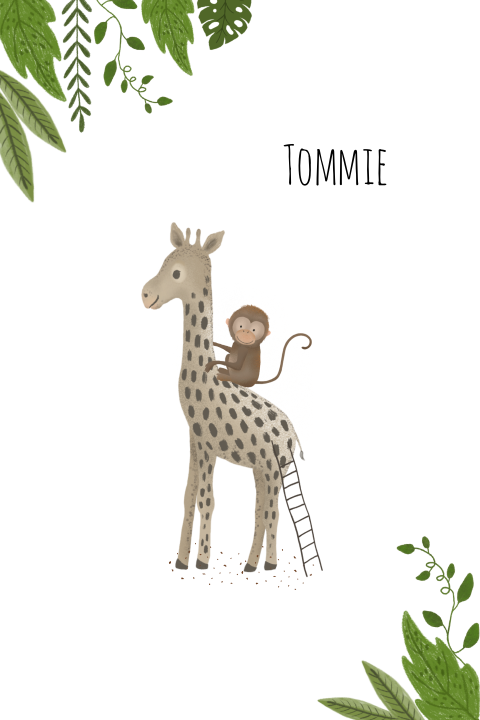 Vrolijk geboortekaartje met een giraffe en aapje in de jungle