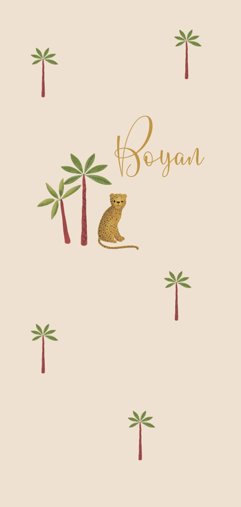 stoer geboortekaartje voor een jongen met panter en palmbomen