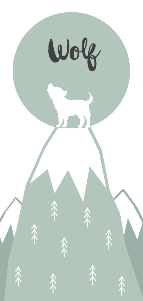 stoer geboortekaartje voor een jongen met silhouet van wolfje op berg
