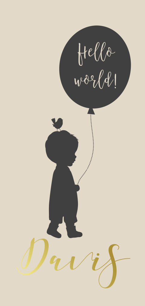 goudfolie geboortekaartje silhouet van kleine jongen met ballon