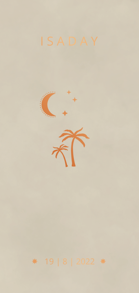 Hip geboortekaartje voor een meisje met palmen en maan in koperfolie