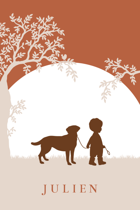 hip geboortekaartje silhouet jongen met hond boom zon