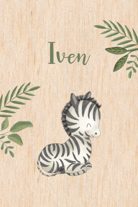 Houten geboortekaartje jongen met zebra