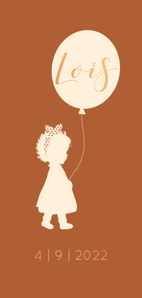 Koperfolie geboortekaartje silhouet meisje haarband ballon