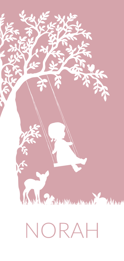 silhouet geboortekaartje met meisje op schommel en bosdieren